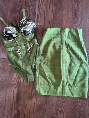 RARE Honey Birdette Elvis camp Green Bandage Pencil Skirt and bodysuit - both M